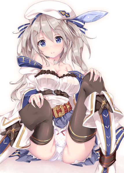 Anime picture 858x1200 with granblue fantasy fukuda shuushi single long hair tall image looking at viewer blush blue eyes light erotic simple background smile white background grey hair girl dress underwear panties boots white panties beret