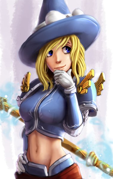 Anime picture 781x1233 with league of legends lux (league of legends) carlos eduardo single long hair tall image breasts blue eyes blonde hair looking away bare belly hand on hip girl gloves navel hat witch hat staff