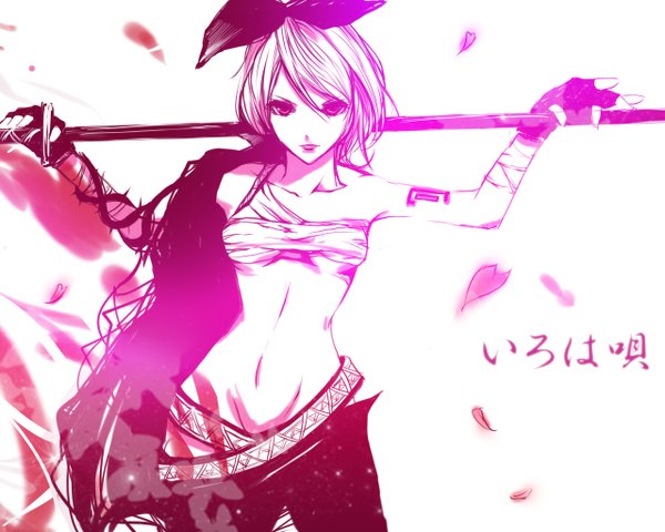 Anime picture 1280x1024 with vocaloid iroha uta (vocaloid) kagamine rin rajio single looking at viewer short hair light erotic white background inscription polychromatic girl gloves bow weapon hair bow petals sword fingerless gloves katana