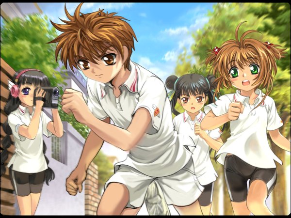 Anime picture 1280x960 with card captor sakura clamp kinomoto sakura daidouji tomoyo li xiaolang li meiling mutsuki (moonknives) blurry hair bun (hair buns) running hair ornament hairband hair tie hair bobbles camera bike shorts