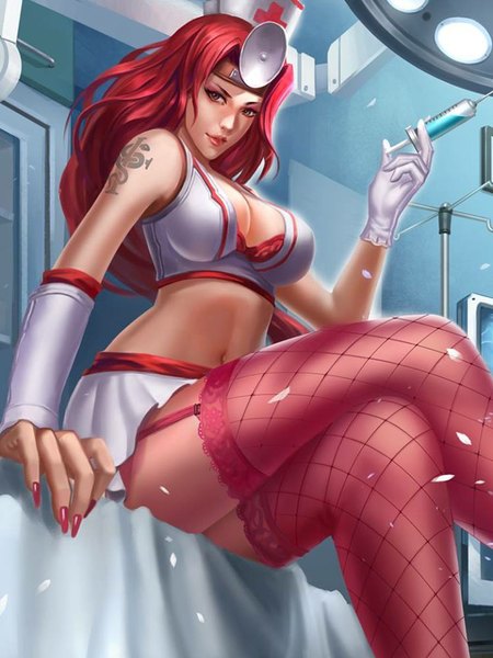 Anime picture 720x960 with smite (game) ms.diagnosis neith single long hair tall image looking at viewer light erotic brown eyes red hair indoors nail polish parted lips fingernails bare belly from below tattoo crossed legs eyeshadow nurse girl