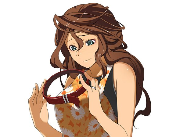 Anime picture 1067x800 with kosame daizu single long hair simple background brown hair white background bare shoulders aqua eyes light smile sleeveless wavy hair girl ring collar