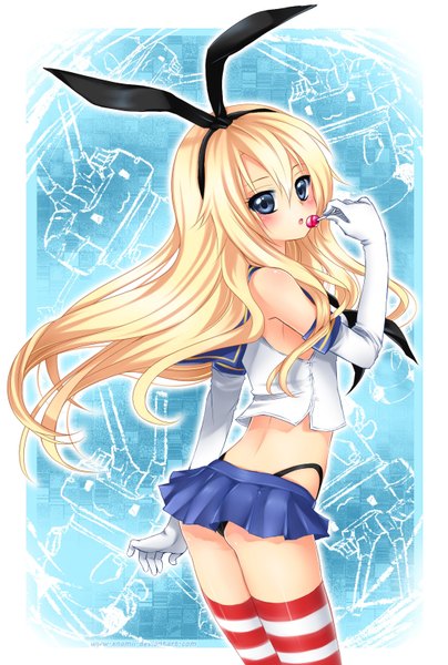 Anime picture 1105x1640 with kantai collection shimakaze destroyer nami (nyaa) single long hair tall image looking at viewer blush open mouth blue eyes light erotic blonde hair bare shoulders pleated skirt midriff back girl thighhighs skirt gloves