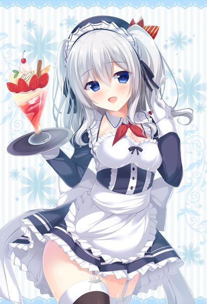 Anime picture 1570x2302 with kantai collection kashima training cruiser tomoo (tomo) single long hair tall image looking at viewer blush fringe breasts open mouth blue eyes light erotic smile hair between eyes large breasts twintails holding payot cleavage