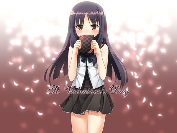 Anime picture 1600x1200 with natsu no ame sakurai tomomi single long hair looking at viewer blush fringe black hair bare shoulders brown eyes yellow eyes valentine girl dress skirt bow petals feather (feathers) gift