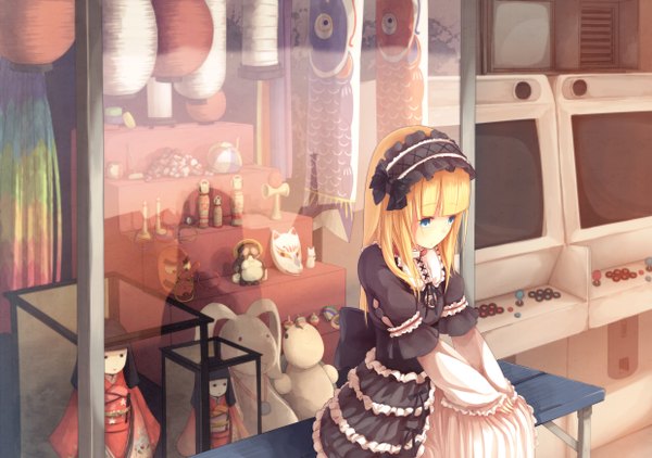 Anime picture 2480x1748 with original dararito single long hair highres blue eyes blonde hair sitting girl dress frills headdress toy mask stuffed animal lantern doll (dolls) fox mask chinese lantern headscarf