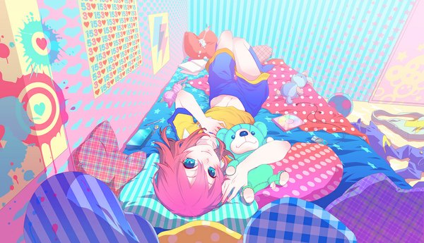 Anime picture 1000x576 with looking at viewer blush short hair blue eyes wide image pink hair striped polka dot multicolored girl navel socks heart headphones pillow bed bag toy ball teddy bear