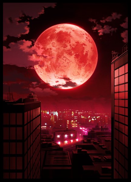 Anime picture 1734x2408 with mocha (cotton) tall image highres cloud (clouds) night sky city cityscape city lights red moon building (buildings) moon full moon