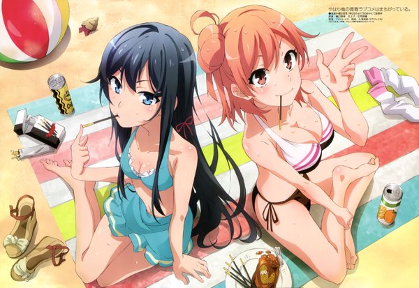 Anime picture 5931x4091 with yahari ore no seishun love comedy wa machigatteiru. megami magazine brains base (studio) yukinoshita yukino yuigahama yui long hair highres short hair blue eyes light erotic black hair smile multiple girls absurdres orange hair official art orange eyes beach girl 2 girls