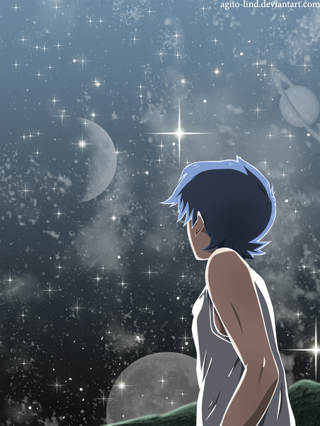 Anime picture 1000x1325 with st&rs (manga) tsuchigami sota aagito single tall image short hair blue hair night sky coloring space boy star (stars) full moon planet