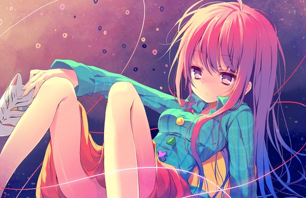 Anime picture 1300x842 with touhou hata no kokoro reia single long hair blush sitting looking away pink hair long sleeves pink eyes spread legs expressionless girl skirt shirt mask fox mask