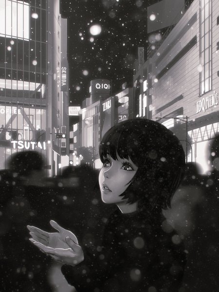 Anime picture 1080x1440 with original ilya kuvshinov single tall image blush fringe short hair sky parted lips night night sky text city monochrome snowing looking up winter cityscape city lights real world location