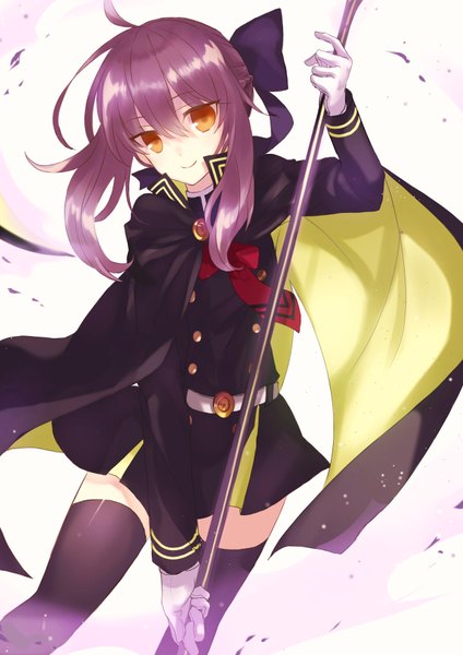 Anime picture 1240x1753 with owari no seraph wit studio hiiragi shinoa jne*jing single long hair tall image looking at viewer fringe simple background smile hair between eyes white background holding payot purple hair ahoge braid (braids) long sleeves head tilt