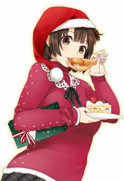 Anime picture 751x1089 with original mattaku mousuke single tall image looking at viewer blush short hair black hair brown eyes christmas eating girl food sweets sweater gift santa claus hat cake chicken (food)