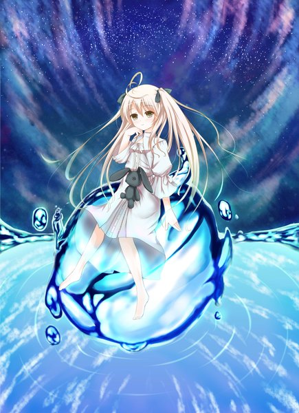 Anime picture 1468x2021 with yosuga no sora kasugano sora yukishiro arute single long hair tall image looking at viewer blush brown eyes silver hair cloud (clouds) light smile night night sky girl dress ribbon (ribbons) hair ribbon water white dress