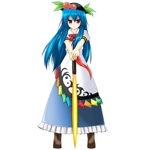 Anime picture 1447x1447 with touhou hinanawi tenshi makxma single long hair looking at viewer blush smile blue hair pink eyes light smile transparent background girl dress weapon hat sword shoes headdress peach