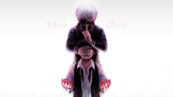 Anime picture 1920x1080 with tokyo ghoul studio pierrot kaneki ken yumenokaori highres black hair simple background red eyes wide image white background white hair copyright name hug tears finger to mouth dual persona hug from behind hand on another's face black sclera demon eyes