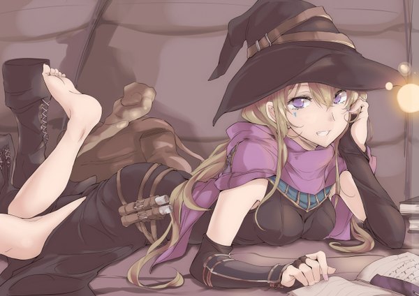 Anime picture 1432x1012 with original touma raito single long hair looking at viewer fringe breasts blonde hair purple eyes lying legs on stomach girl dress hat scarf black dress book (books) witch hat toes