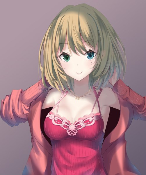 Anime picture 1072x1280 with idolmaster idolmaster cinderella girls takagaki kaede seedkeng single tall image looking at viewer blush short hair breasts blue eyes simple background smile brown hair bare shoulders green eyes upper body mole mole under eye heterochromia