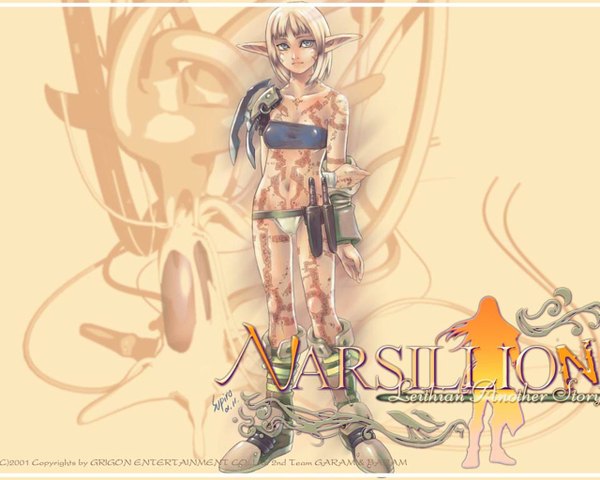 Anime picture 1280x1024 with blonde hair tattoo elf girl weapon boots knife narsillion