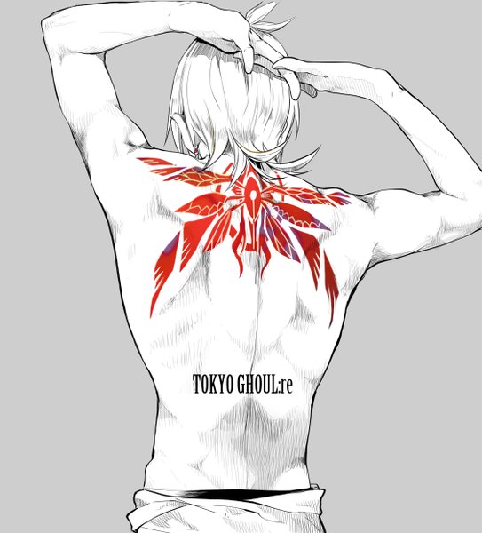 Anime picture 1125x1242 with tokyo ghoul tokyo ghoul:re studio pierrot shirazu ginshi noppo single tall image short hair simple background upper body from behind grey background copyright name back muscle bodypaint shirtless body writing boy