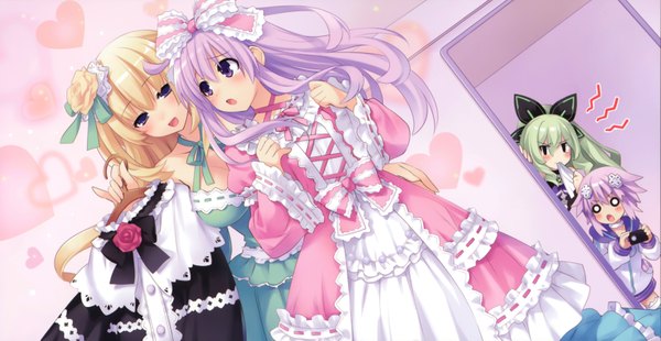 Anime picture 6981x3608 with choujigen game neptune neptune (choujigen game neptune) nepgear vert hakozaki chika tsunako long hair blush highres short hair open mouth blonde hair wide image purple eyes multiple girls absurdres purple hair green hair scan official art