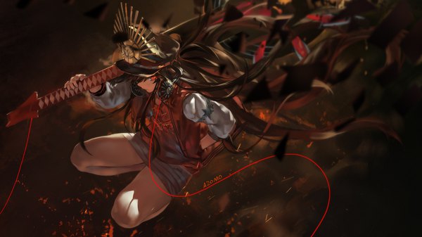 Anime picture 1920x1080 with fate (series) fate/grand order oda nobunaga (fate) (all) oda nobunaga (swimsuit berserker) (fate) azomo single highres black hair red eyes wide image signed very long hair from above wind open jacket squat headphones around neck weapon over shoulder girl skirt