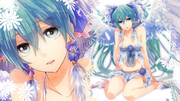 Anime picture 1920x1080 with vocaloid hatsune miku tagme (artist) single highres wide image twintails very long hair aqua eyes aqua hair girl flower (flowers) wings