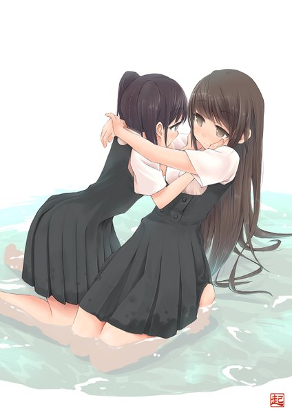 Anime picture 990x1400 with original okiru (artist) long hair tall image blush short hair black hair multiple girls brown eyes hug shoujo ai girl dress uniform 2 girls school uniform water