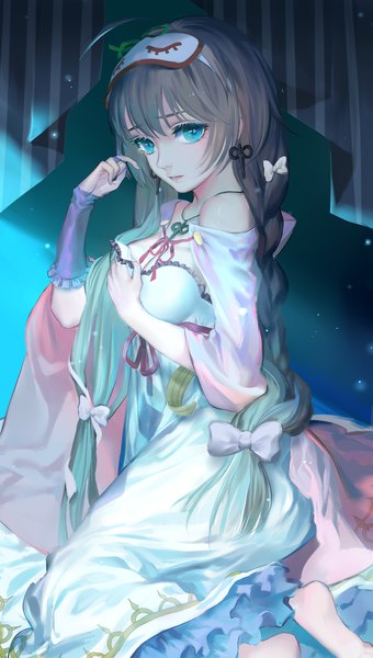 Anime picture 992x1748 with benghuai xueyuan benghuai xueyuan 2 honkai (series) taida ningyo qidai single long hair tall image looking at viewer breasts light erotic brown hair large breasts sitting bare shoulders cleavage braid (braids) aqua eyes hand on chest girl