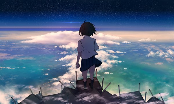 Anime picture 1400x839 with original aya (star) single wide image sky cloud (clouds) pleated skirt wind from behind sparkle short sleeves horizon dark hair girl skirt uniform school uniform shirt white shirt star (stars)