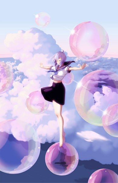 Anime picture 648x1000 with original nanahime (aoi) single long hair tall image fringe standing sky purple hair cloud (clouds) eyes closed barefoot wind spread arms flying girl uniform serafuku bubble (bubbles)