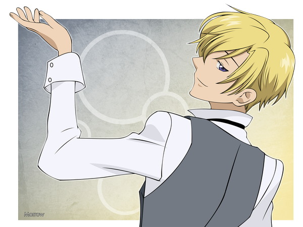 Anime picture 2000x1500 with ouran high school host club studio bones suou tamaki morrow single highres short hair blonde hair purple eyes looking back from behind border vector boy shirt vest