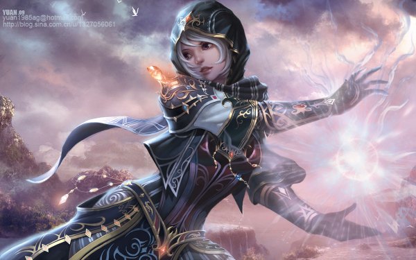 Anime picture 1200x750 with yuan (artist) short hair open mouth wide image purple eyes sky silver hair cloud (clouds) magic girl gloves armor hood jewelry