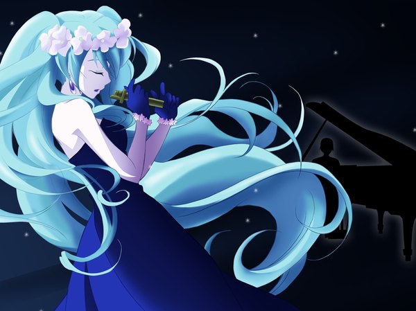 Anime picture 1067x800 with vocaloid hatsune miku togima (artist) long hair twintails bare shoulders eyes closed aqua hair girl dress gloves earrings black dress microphone piano