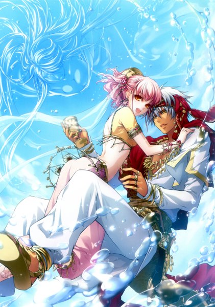 Anime picture 3915x5576 with wand of fortune idea factory lulu (wand of fortune) bilal faranbald tall image fringe highres short hair open mouth smile multiple girls yellow eyes pink hair absurdres sky silver hair white hair eyes closed light smile from behind