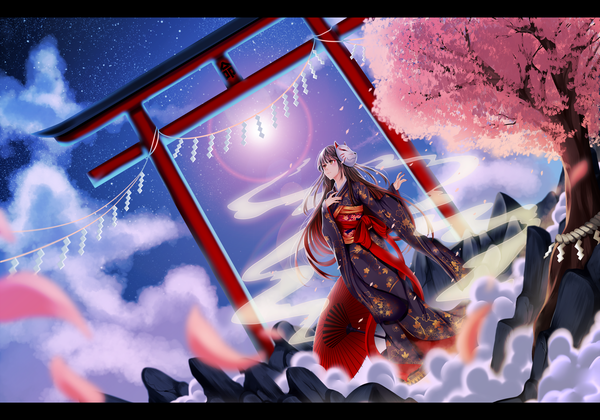 Anime picture 3000x2100 with seishiki (artist) single long hair fringe highres brown hair standing brown eyes sky cloud (clouds) traditional clothes japanese clothes cherry blossoms letterboxed mask on head traditional media fog girl plant (plants) petals