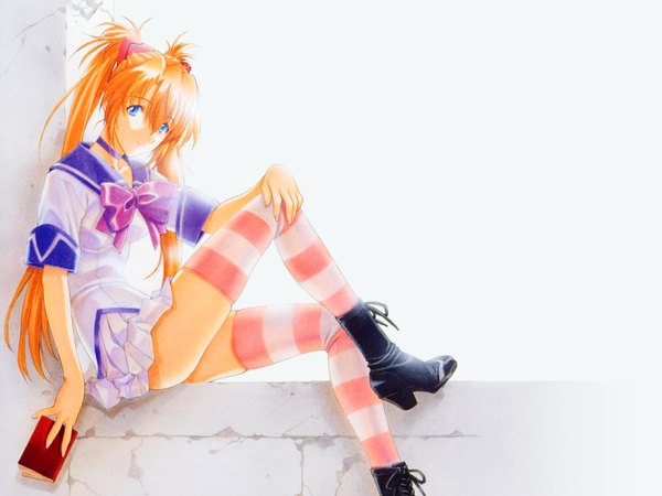 Anime picture 3200x2400 with neon genesis evangelion gainax soryu asuka langley utatane hiroyuki ramiya ryou single long hair looking at viewer fringe highres blue eyes light erotic hair between eyes sitting twintails orange hair girl thighhighs uniform choker