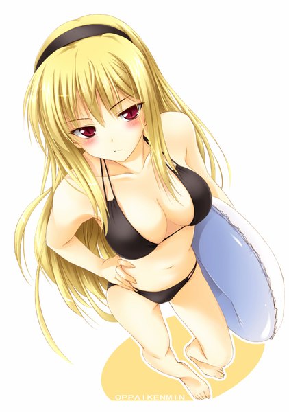 Anime picture 1221x1737 with kaibutsu oujo madhouse lillianne von phoenix oppai kenmin single long hair tall image looking at viewer blush breasts light erotic simple background blonde hair red eyes standing white background bare shoulders looking up girl thighhighs