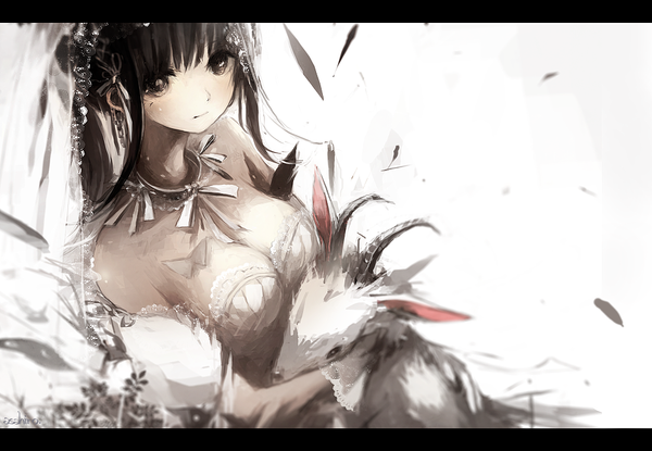 Anime picture 1000x692 with original asahiro single long hair looking at viewer fringe breasts black hair large breasts bare shoulders cleavage horn (horns) black eyes letterboxed wedding girl dress gloves hair ornament earrings