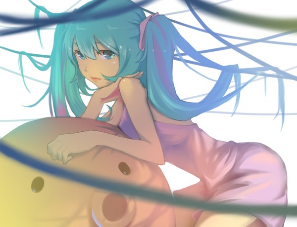 Anime picture 1402x1077 with vocaloid hatsune miku exe336 single long hair looking at viewer wide image twintails aqua eyes aqua hair kneeling hand on shoulder girl dress ribbon (ribbons) hair ribbon toy stuffed animal sundress pink dress