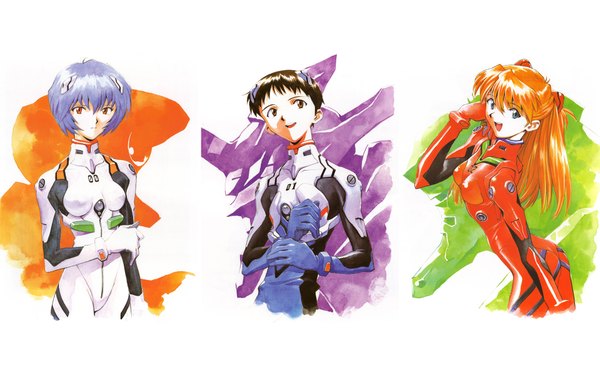 Anime picture 1920x1200 with neon genesis evangelion gainax soryu asuka langley ayanami rei ikari shinji long hair highres short hair brown hair wide image multiple girls blue hair orange hair girl boy 2 girls pilot suit tagme