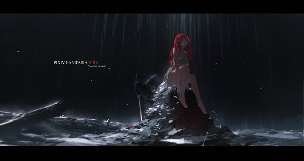 Anime picture 2260x1200 with original pixiv fantasia pixiv fantasia t mivit single long hair fringe highres breasts wide image large breasts sitting holding signed cleavage bent knee (knees) outdoors red hair eyes closed barefoot