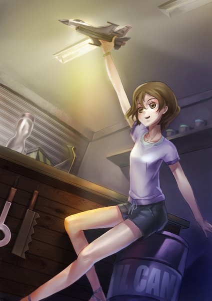 Anime picture 2480x3507 with original lascalis (artist) single tall image highres short hair open mouth brown hair brown eyes girl shorts toy