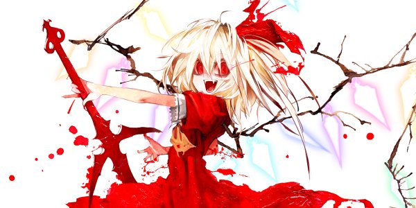 Anime picture 1200x600 with touhou koumajou densetsu flandre scarlet banpai akira single short hair open mouth simple background blonde hair smile red eyes wide image white background alternate costume one side up vampire no hat crazy girl dress