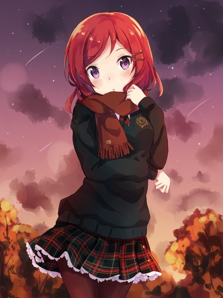 Anime picture 1200x1600 with love live! school idol project sunrise (studio) love live! nishikino maki nonono (nononotea) single tall image looking at viewer blush short hair standing purple eyes sky cloud (clouds) red hair pleated skirt plaid skirt frilly skirt shooting star girl