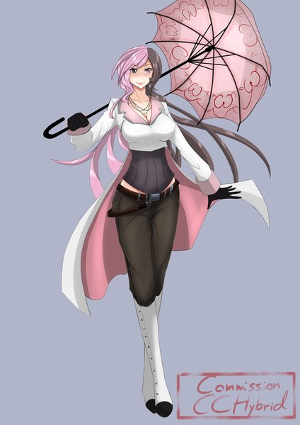 Anime picture 2893x4092 with rwby rooster teeth neopolitan (rwby) torahime (roland00) single long hair tall image blush highres simple background smile multicolored hair inscription grey background two-tone hair heterochromia girl gloves choker belt