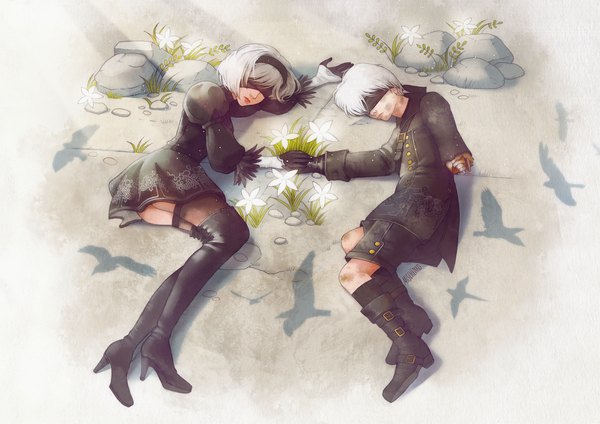 Anime picture 2220x1569 with nier nier:automata yorha no. 2 type b yorha no. 9 type s moon-in-milk fringe highres short hair light erotic signed full body ass white hair lying sunlight realistic inscription mole shadow high heels
