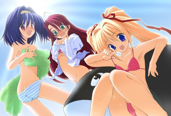 Anime picture 1600x1095 with munekyun heart de koishiteru munekyun! heart de koi shi-te-ru azuki (munekyun!) haruka (munekyun!) izumi (munekyun!) akifumi ozawa long hair looking at viewer blush fringe short hair open mouth blue eyes light erotic blonde hair twintails multiple girls green eyes blue hair red hair