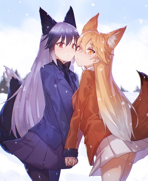 Anime picture 1252x1535 with kemono friends ezo red fox (kemono friends) silver fox (kemono friends) ibuki notsu long hair tall image fringe light erotic blonde hair hair between eyes red eyes multiple girls animal ears yellow eyes purple hair ass tail animal tail pleated skirt fox ears